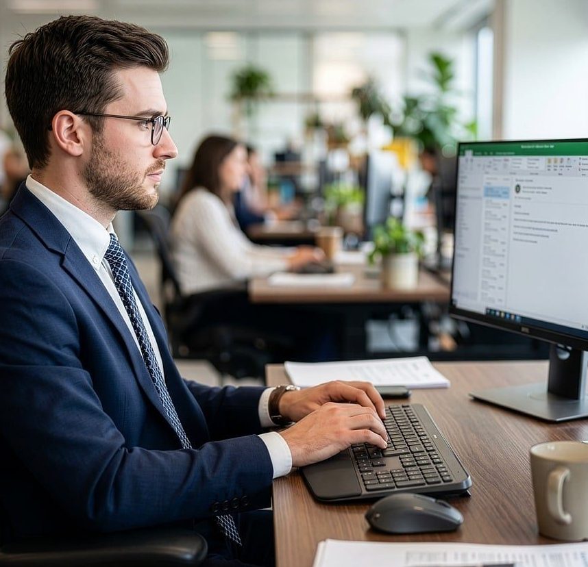 man, office, computer, work, business, working, company, career, suit, young, corporate, professional, marketing, office worker, desk, computer screen, multitasking, time management, focus, meeting room